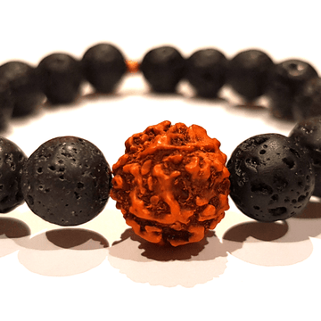 Close up of Overhead shot of Alignment Bracelet – 5 Mukhi Rudraksha & Lava Stone